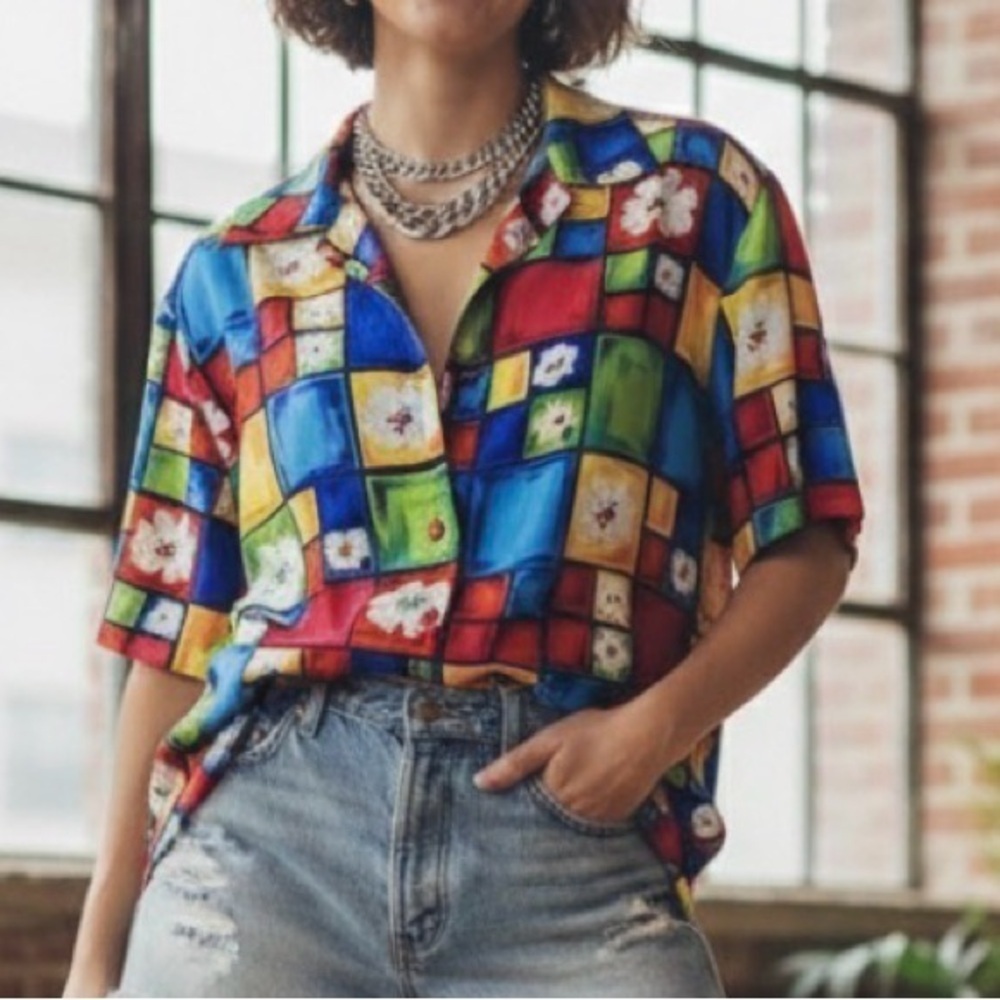 Vintage Jordan Short Sleeve Blouse Button Up Colorful Floral Print Medium Artsy